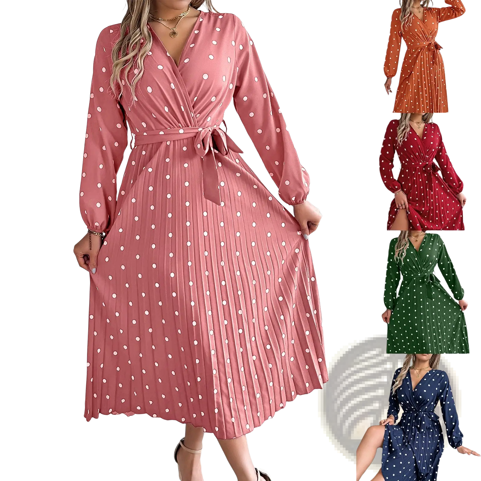 Pink polka dot pleated v neck long sleeve maxi dress with wrap design and flowing skirt for elegant occasions
