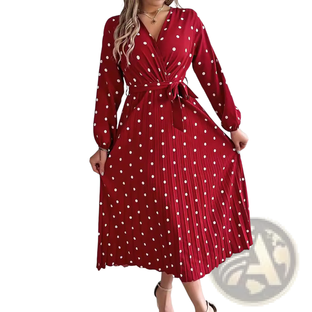 A red polka-dot midi dress with long sleeves and a pleated skirt featuring a v neck and maxi length