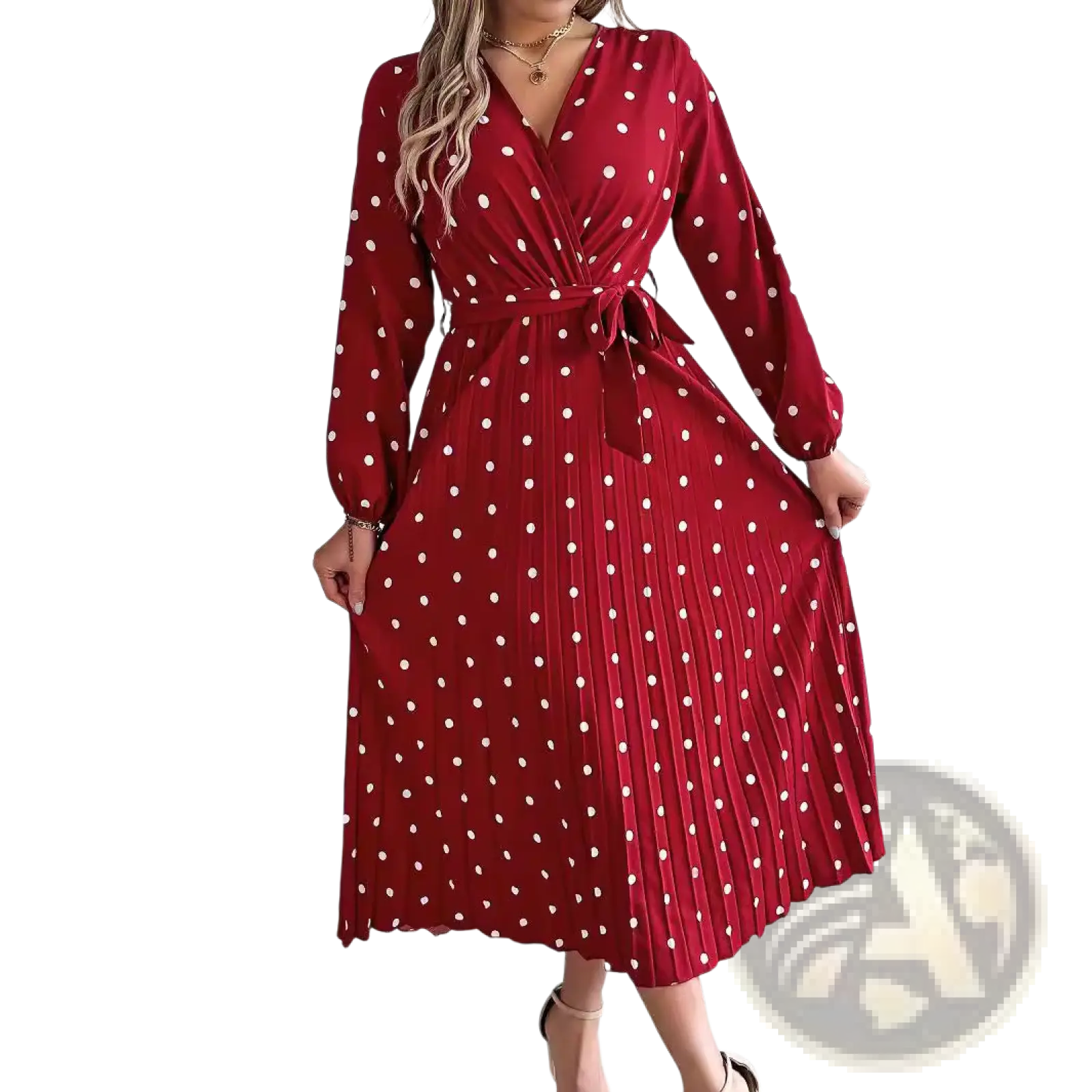 A red polka-dot midi dress with long sleeves and a pleated skirt featuring a v neck and maxi length