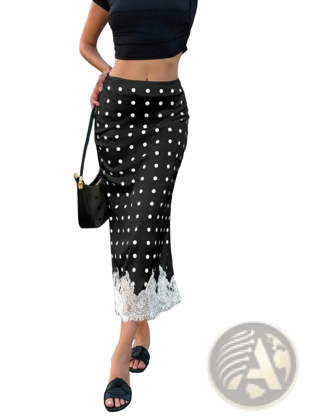 Black satin midi skirt with white polka dots and delicate lace trim at the hem perfect for elegant occasions