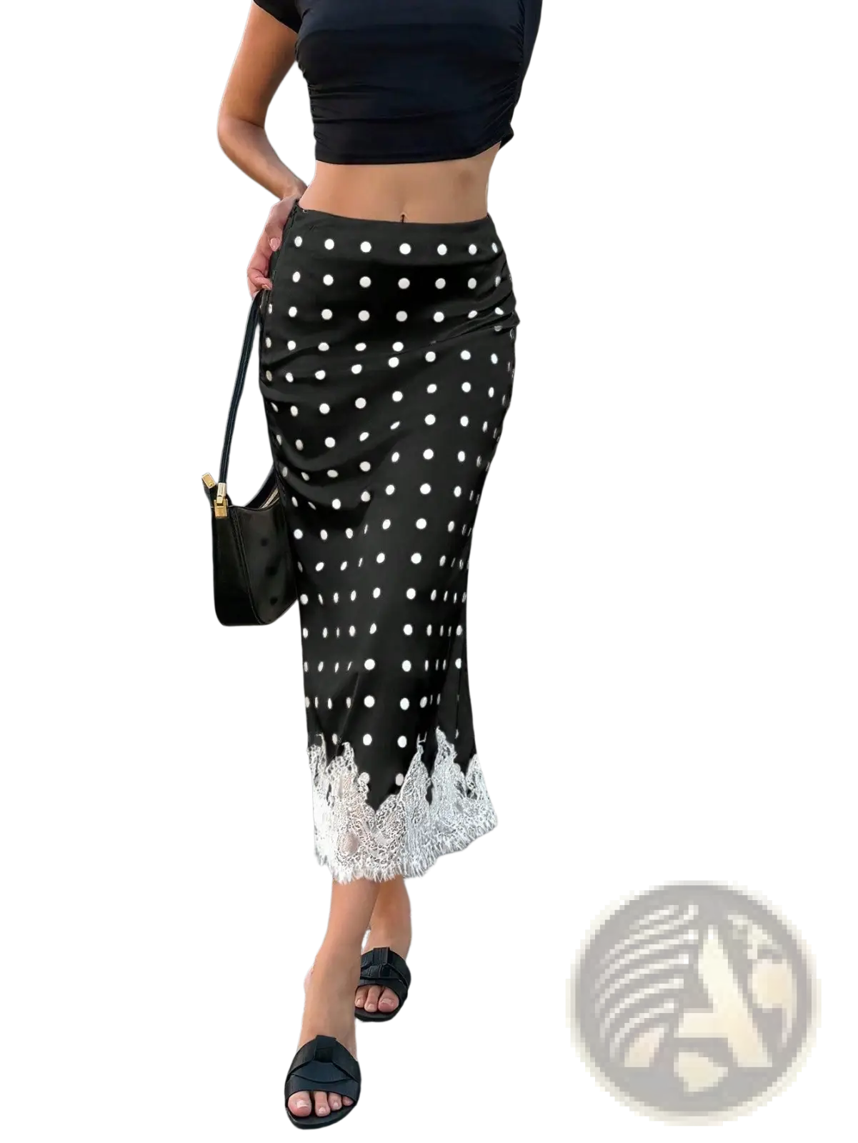 Black satin midi skirt with white polka dots and delicate lace trim at the hem perfect for elegant occasions
