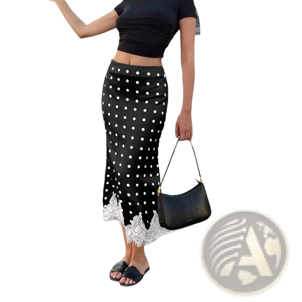 Polka dot satin midi skirt in black with white polka dots and delicate lace trim at the hem