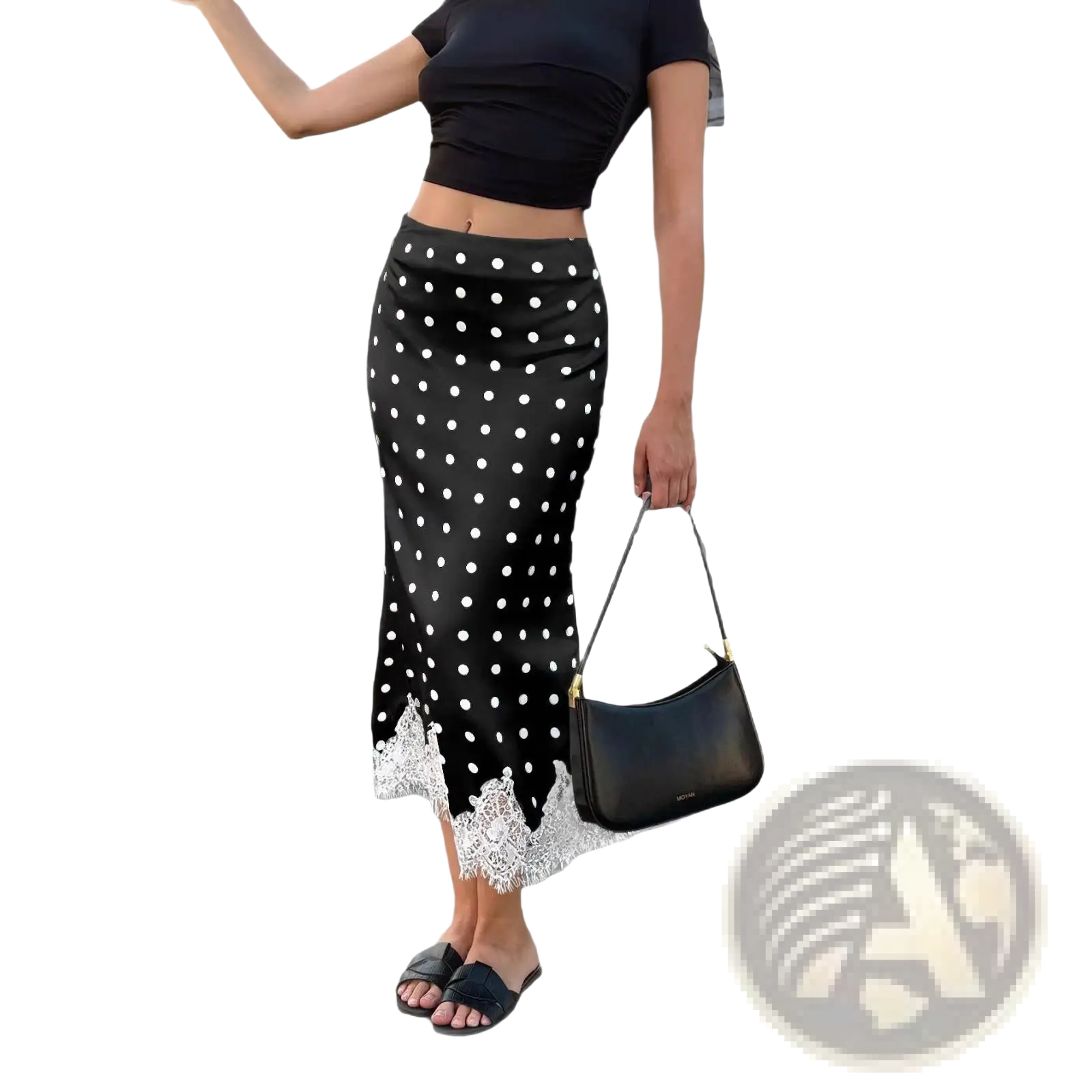 Polka dot satin midi skirt in black with white polka dots and delicate lace trim at the hem