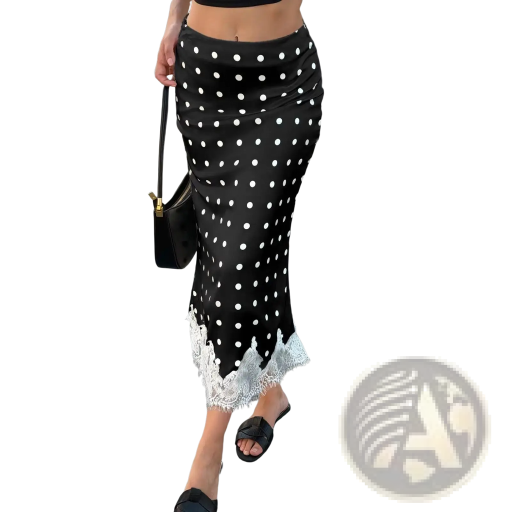 Black midi skirt with white polka dots satin material and delicate lace trim at the hem for elegant wear