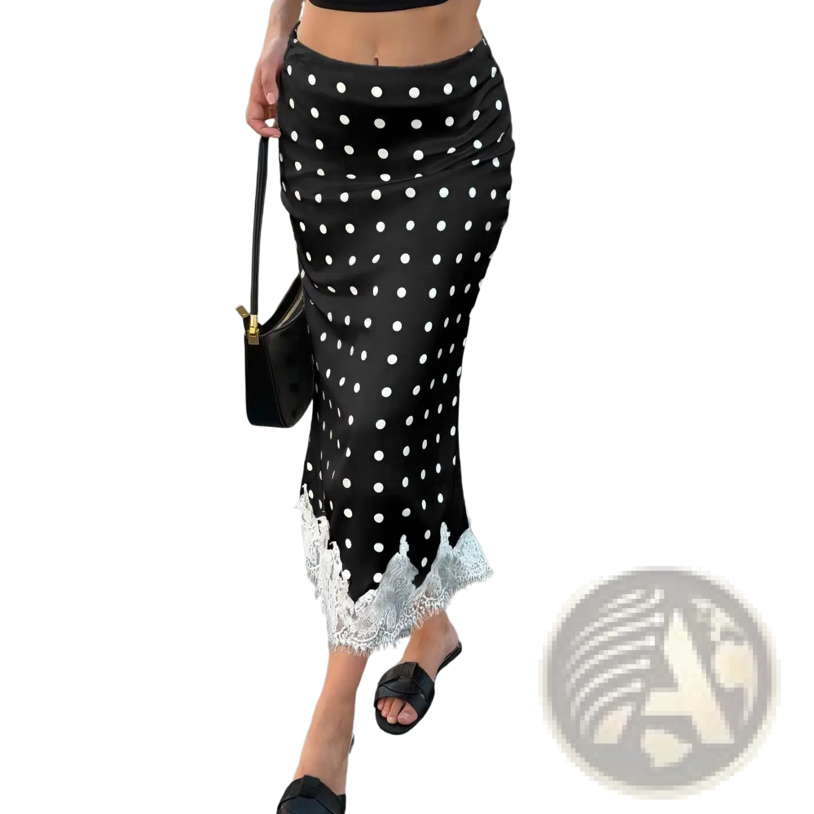 Black midi skirt with white polka dots satin material and delicate lace trim at the hem for elegant wear