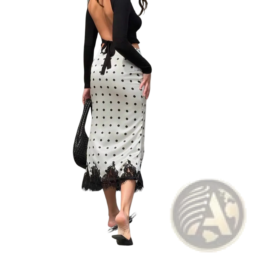White satin midi skirt with black polka dots and lace trim at the hem perfect for elegant occasions