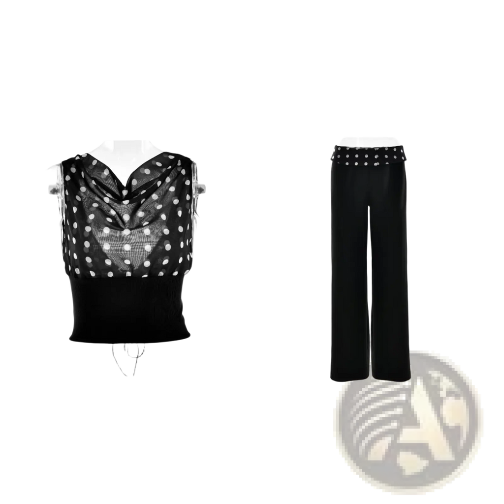 Black polka dot mesh top with cowl neckline and solid waistband paired with wide-leg trousers and studded belt