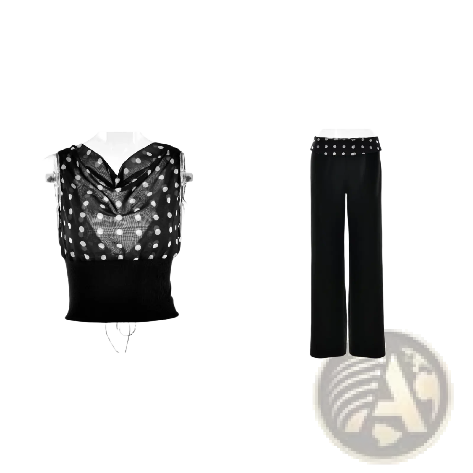 Black polka dot mesh top with cowl neckline and solid waistband paired with wide-leg trousers and studded belt