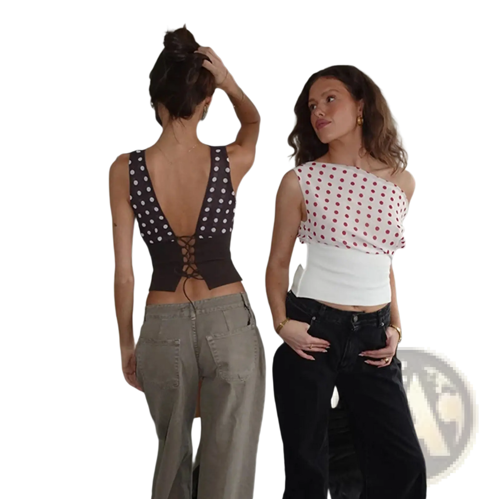 Black and white polka dot corset top with lace-up back detail showcasing chiffon fabric and one shoulder design