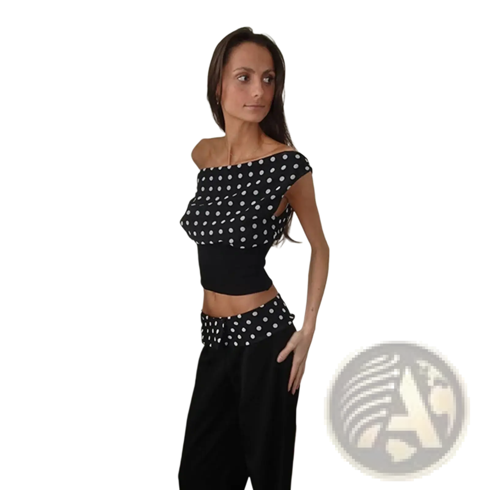 Black off-the-shoulder chiffon crop top with white polka dots and fitted silhouette named polka dot one shoulder chiffon crop top