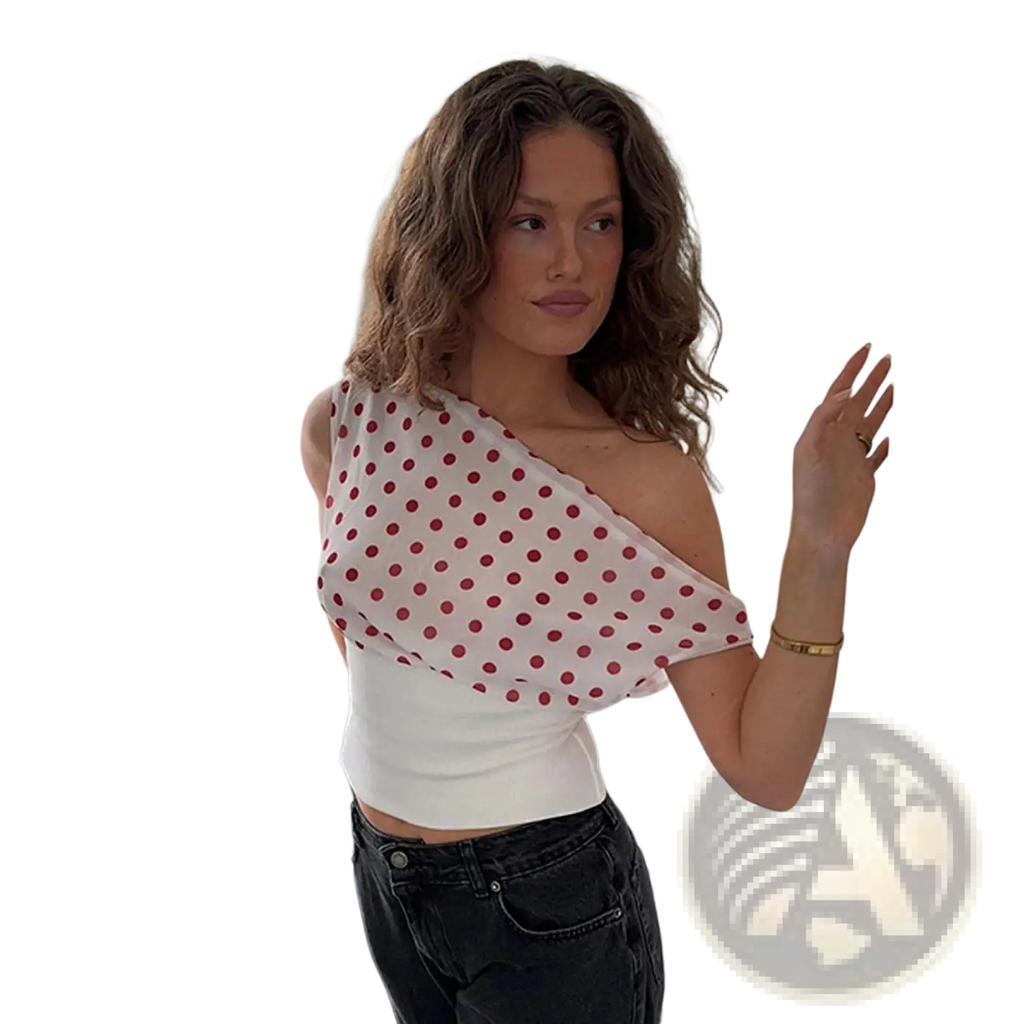 White chiffon polka dot one shoulder crop top featuring red dots and a stylish asymmetric design