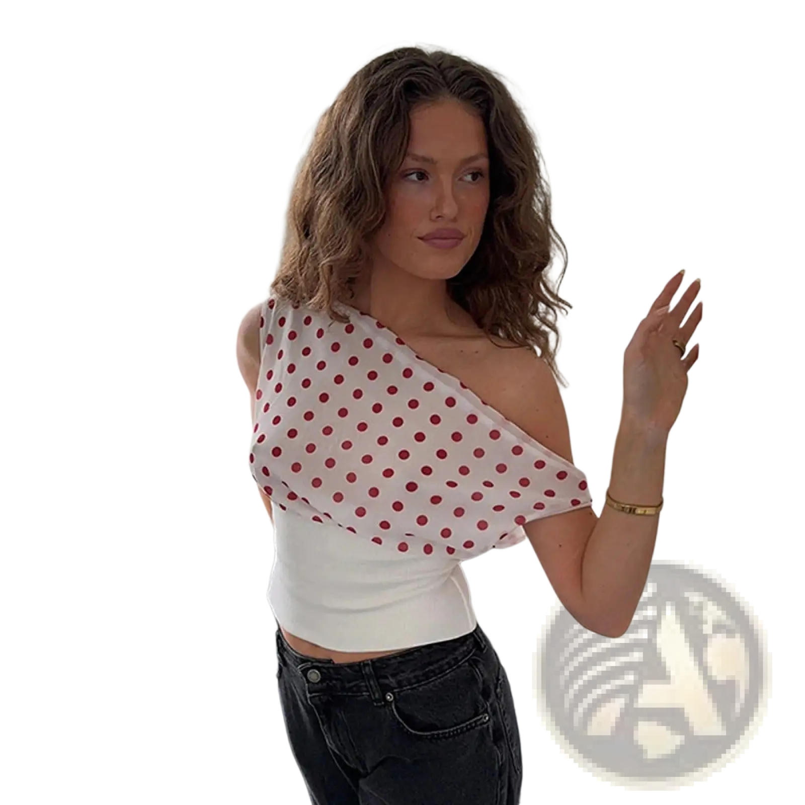 White chiffon polka dot one shoulder crop top featuring red dots and a stylish asymmetric design