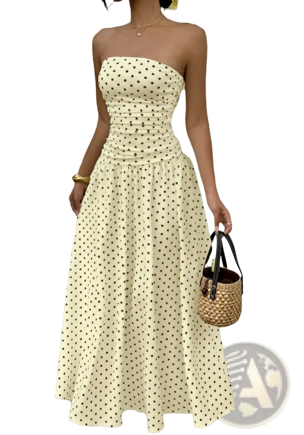 Polka dot off shoulder strapless midi dress in cream with fitted bodice and flared skirt adorned with dark green dots