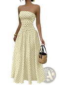 Polka dot off shoulder strapless midi dress in cream with fitted bodice and flared skirt adorned with dark green dots