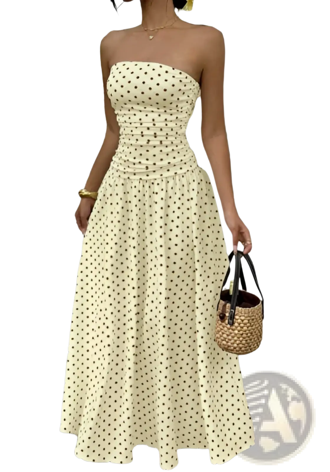 Polka dot off shoulder strapless midi dress in cream with fitted bodice and flared skirt adorned with dark green dots