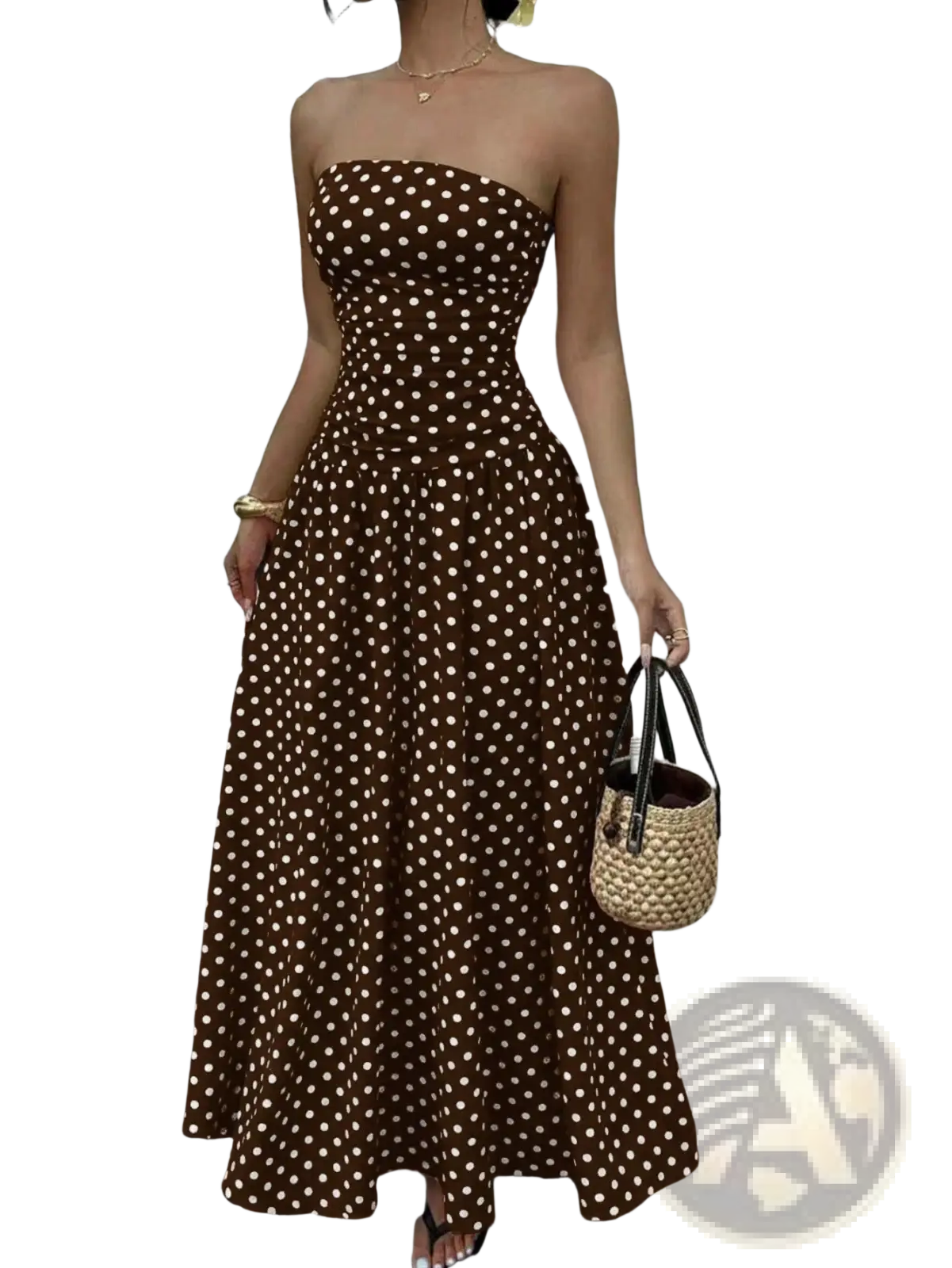 Brown strapless maxi dress with white polka dots featuring an off shoulder design for elegant occasions
