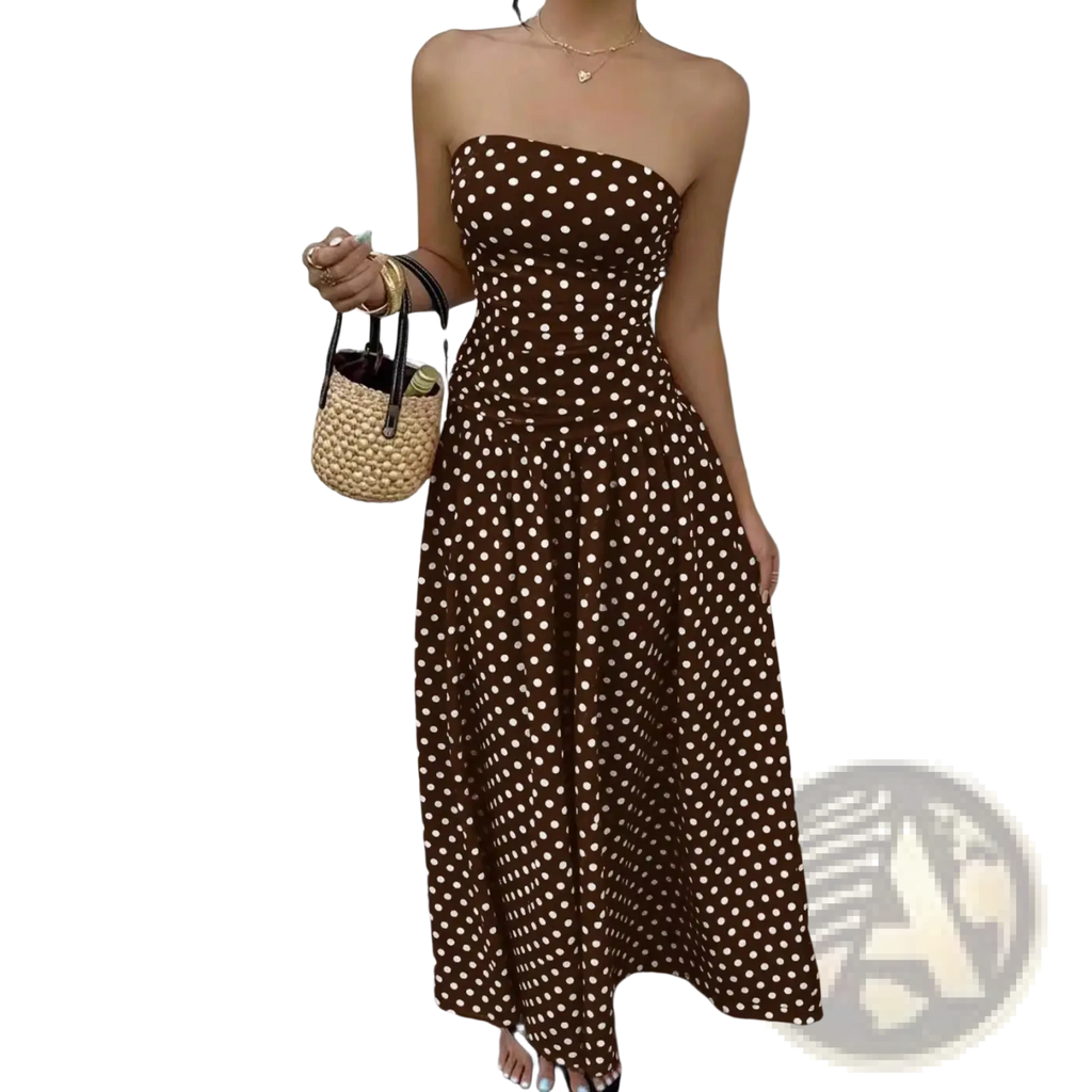 Brown strapless maxi dress with white polka dots featuring off shoulder design for elegant casual wear