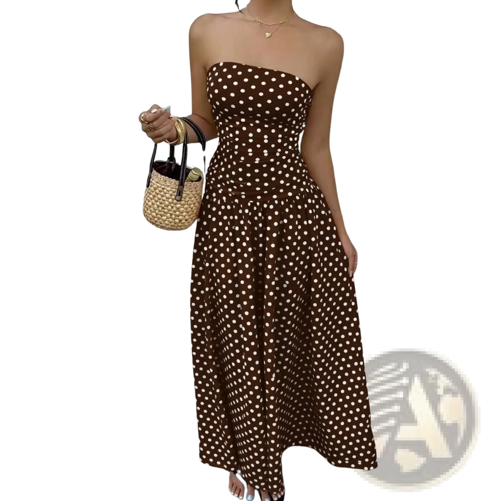 Brown strapless maxi dress with white polka dots featuring off shoulder design for elegant casual wear