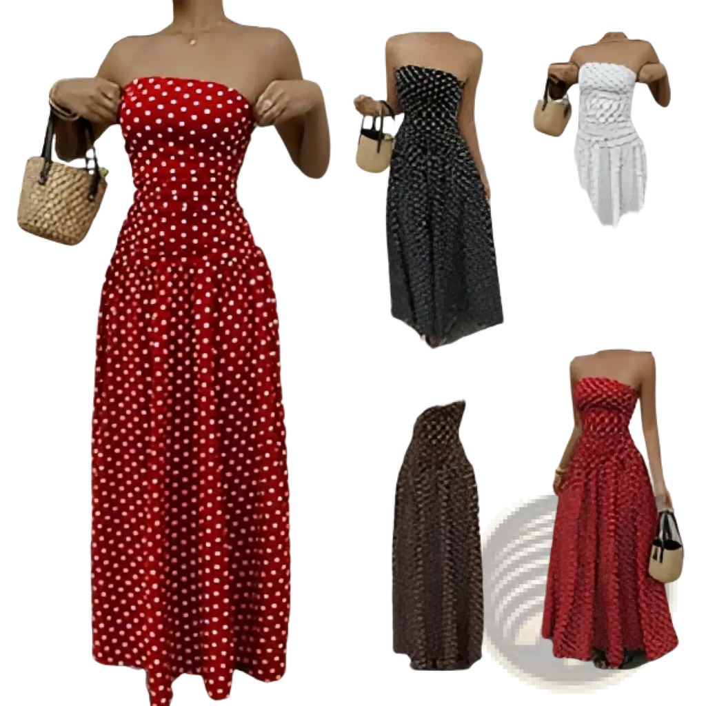 Red polka dot off shoulder strapless maxi dress with white dots and a flowing fitted silhouette