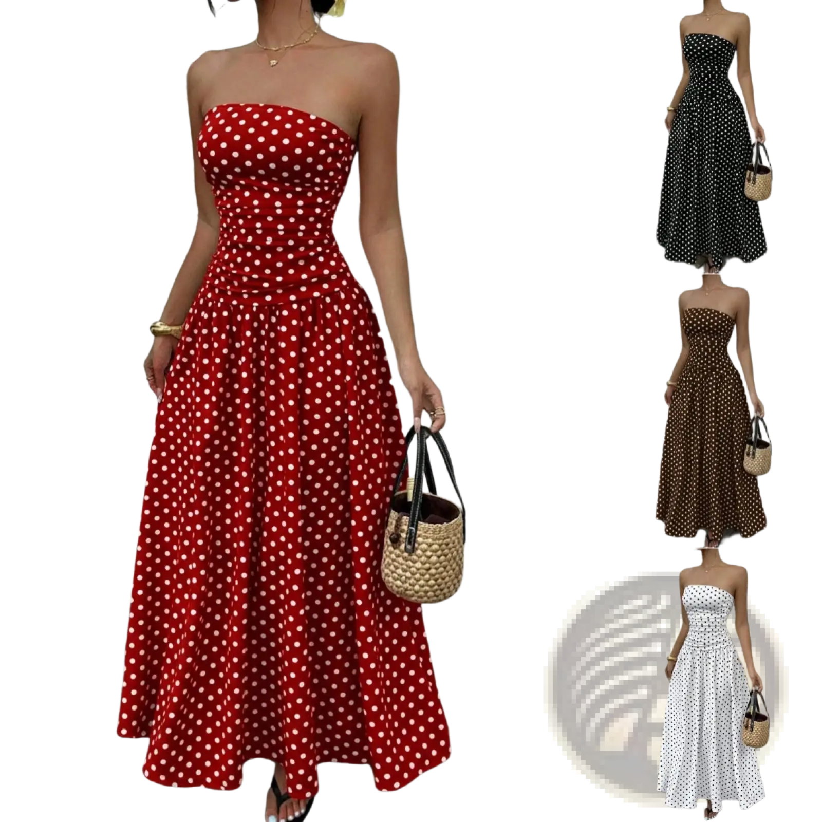 Red strapless maxi dress with white polka dots featuring an off shoulder design ideal for formal occasions