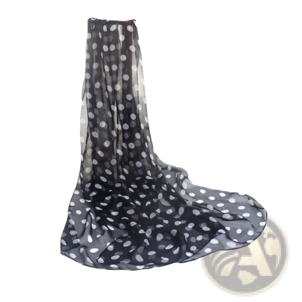 Black sheer silk head wrap scarf with white polka dots featuring a lightweight and elegant design