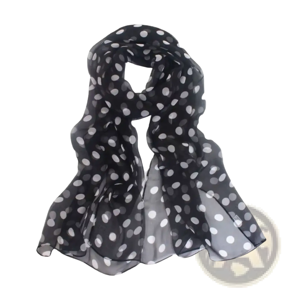 Polka dot silk head wrap scarf in black and white sheer lightweight fabric with a delicate polka dot pattern