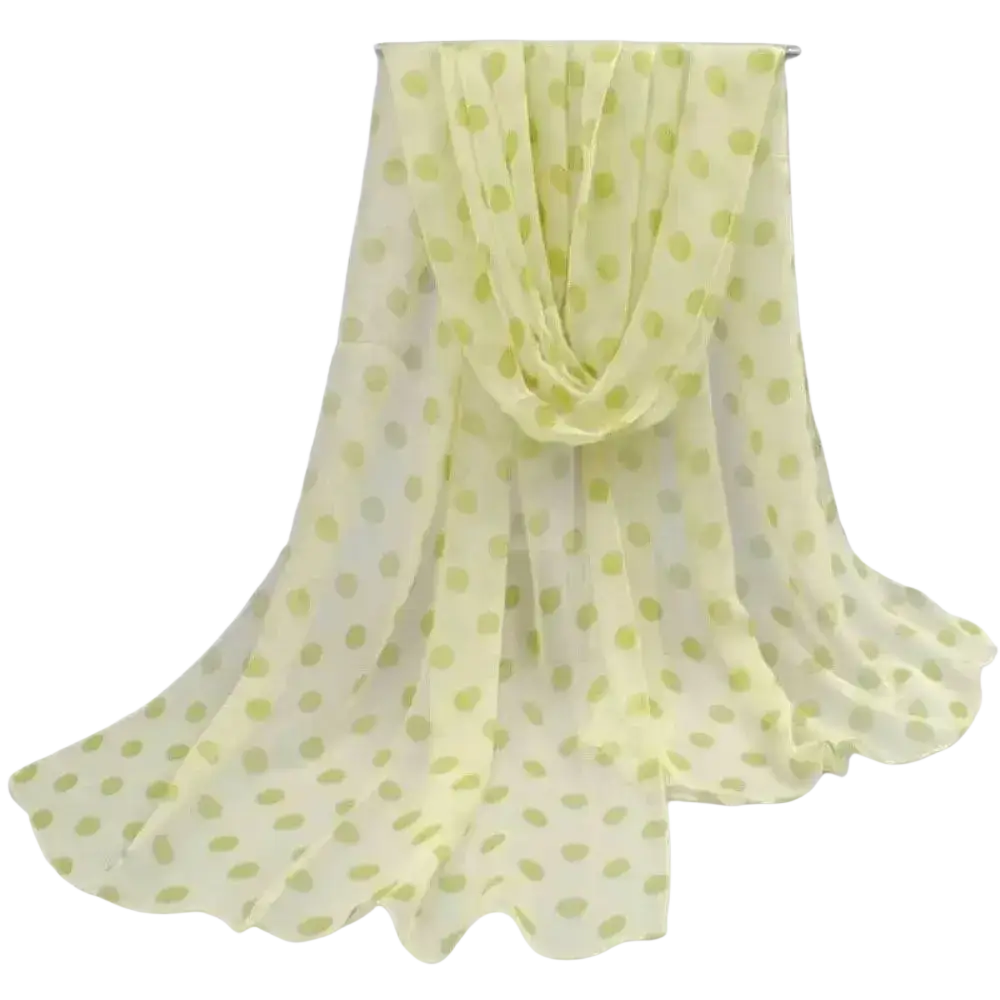A delicate pale yellow polka dot silk head wrap scarf made of lightweight sheer fabric perfect as a wrap scarf