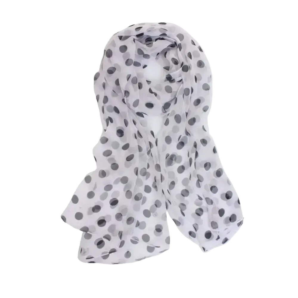 A lightweight sheer white silk head wrap scarf with black and gray polka dots perfect for elegant styling