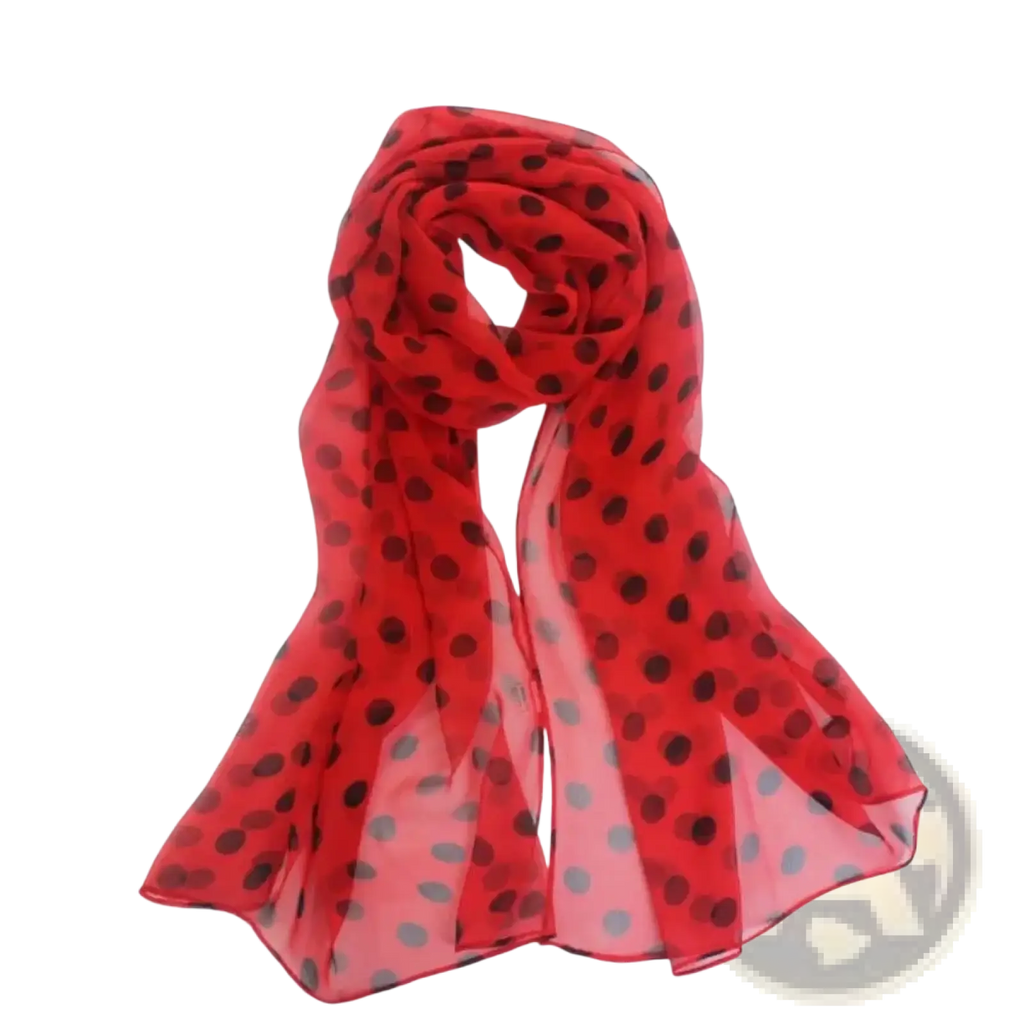 Polka dot silk head wrap scarf in sheer red fabric with black and gray dots for stylish hair accessory use