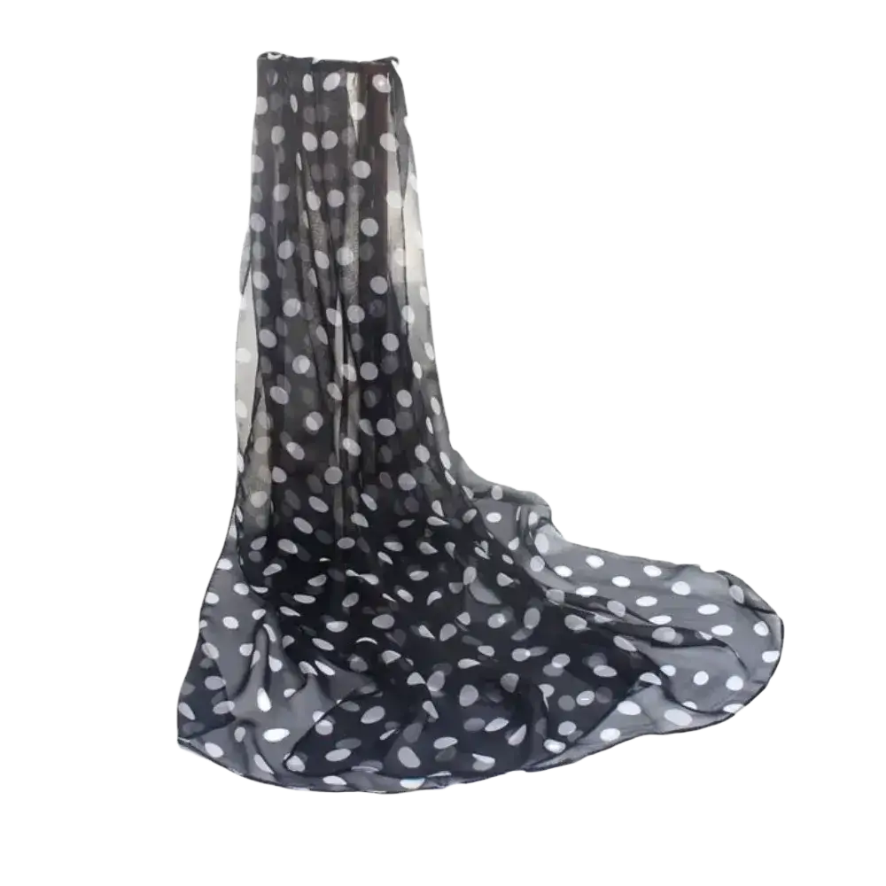 Sheer black silk head wrap scarf with white polka dots made of lightweight fabric for stylish wrap scarf use