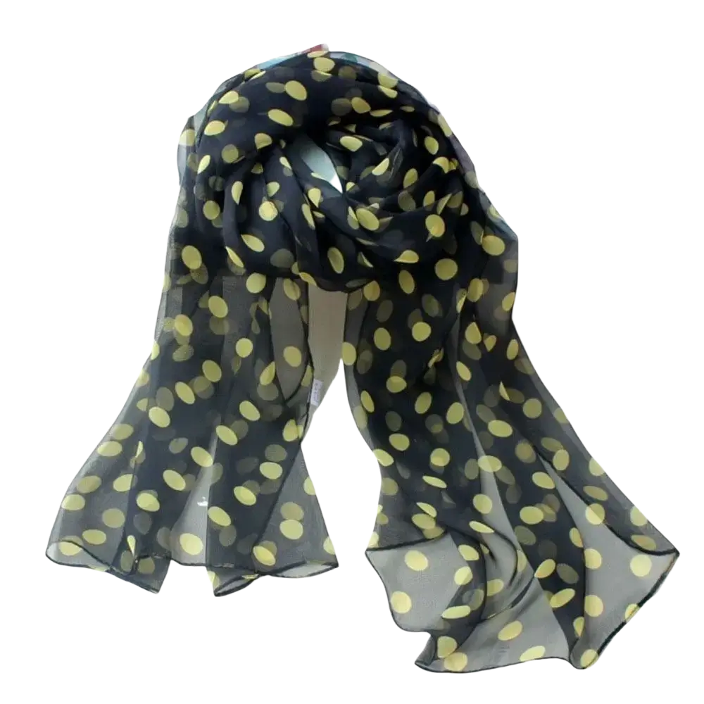 Polka dot silk head wrap scarf featuring a sheer black fabric adorned with yellow polka dots for elegant styling