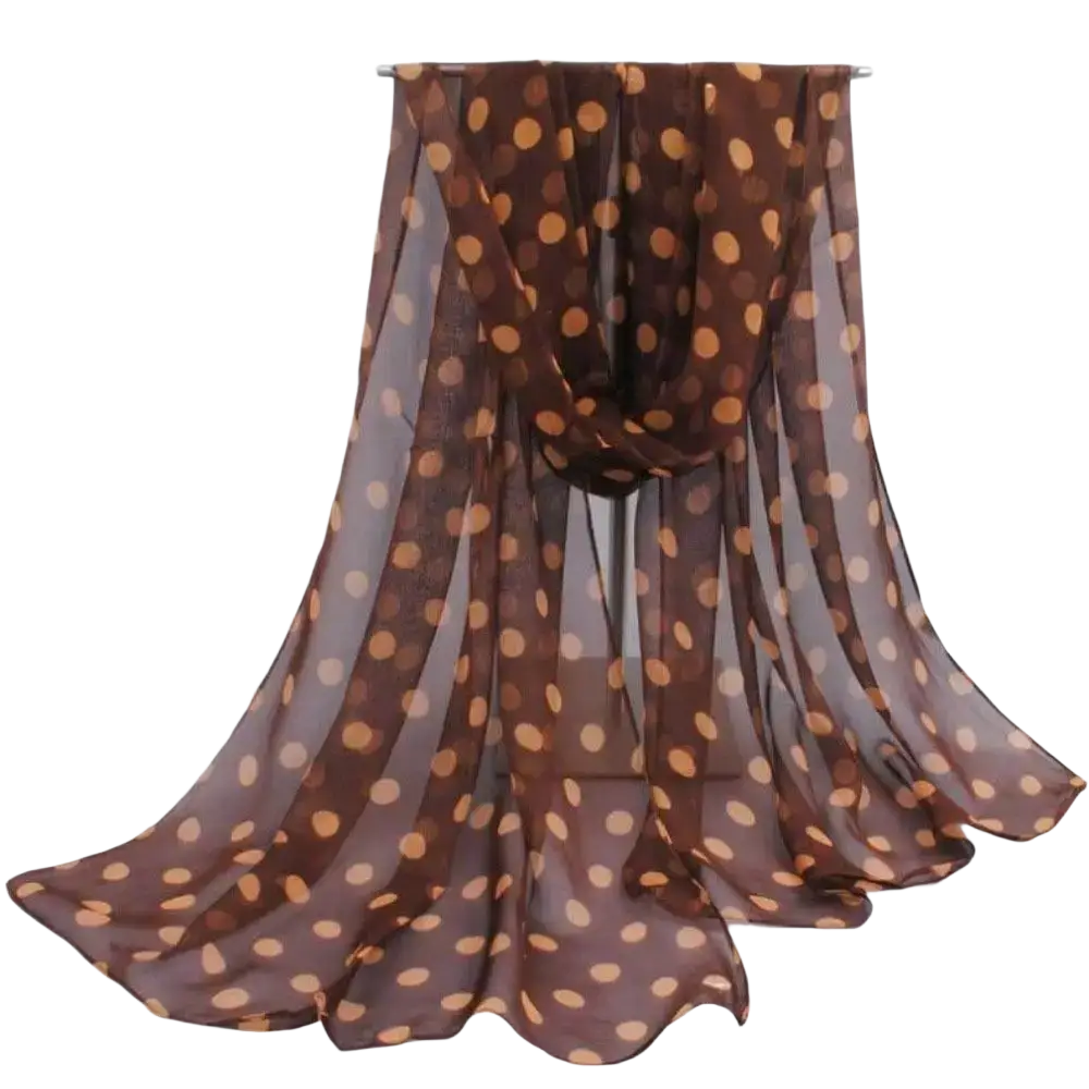 A sheer brown silk head wrap scarf with a pattern of tan polka dots suitable for stylish wear