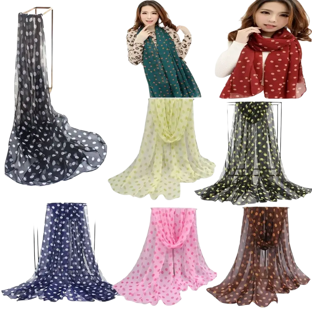 Polka dot silk head wrap scarf in sheer lightweight fabric with multicolor classic polka dot patterns