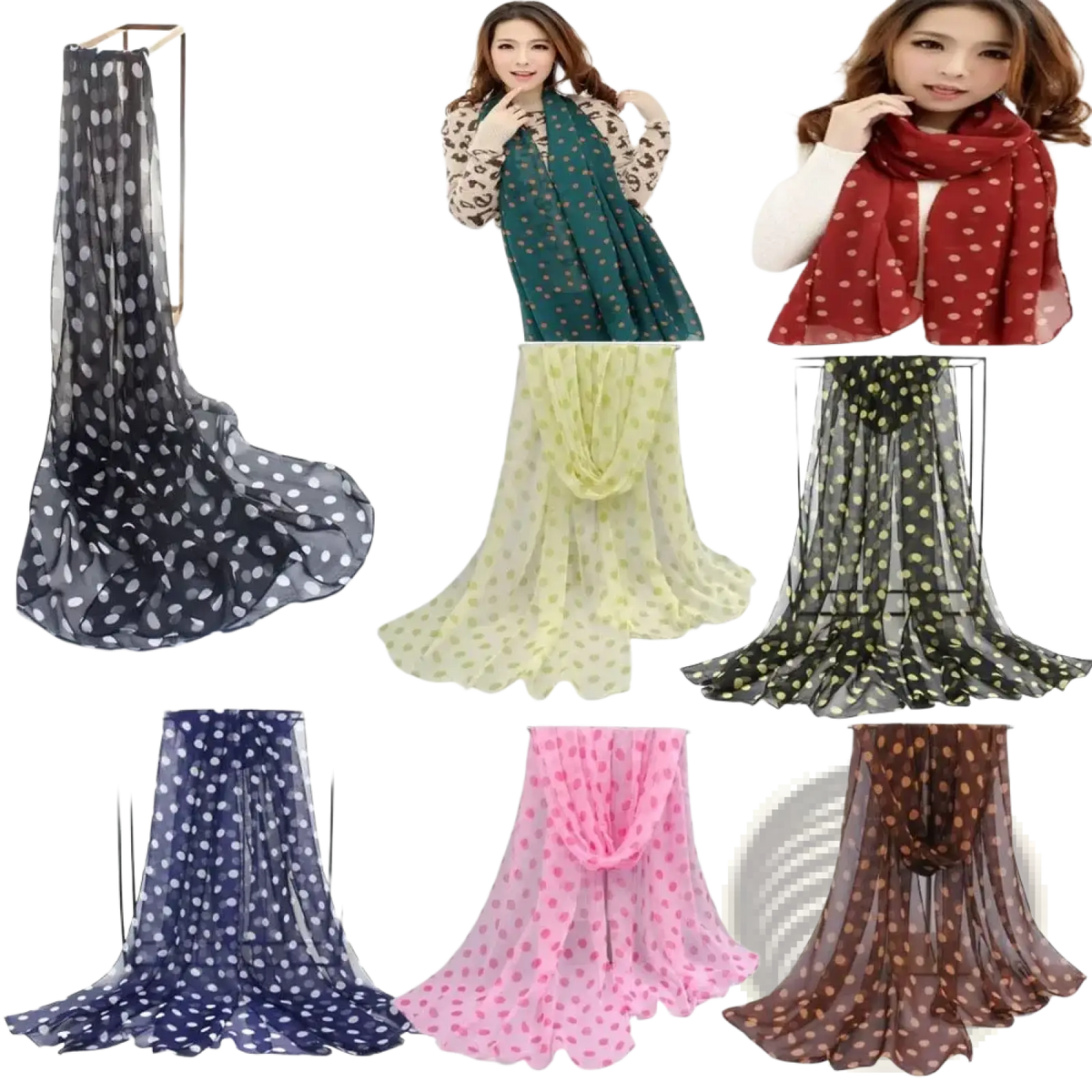 Polka dot silk head wrap scarf in sheer lightweight fabric with multicolor classic polka dot patterns