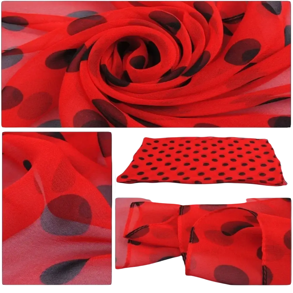 A vibrant red silk head wrap scarf featuring bold black polka dots in a sheer fabric design