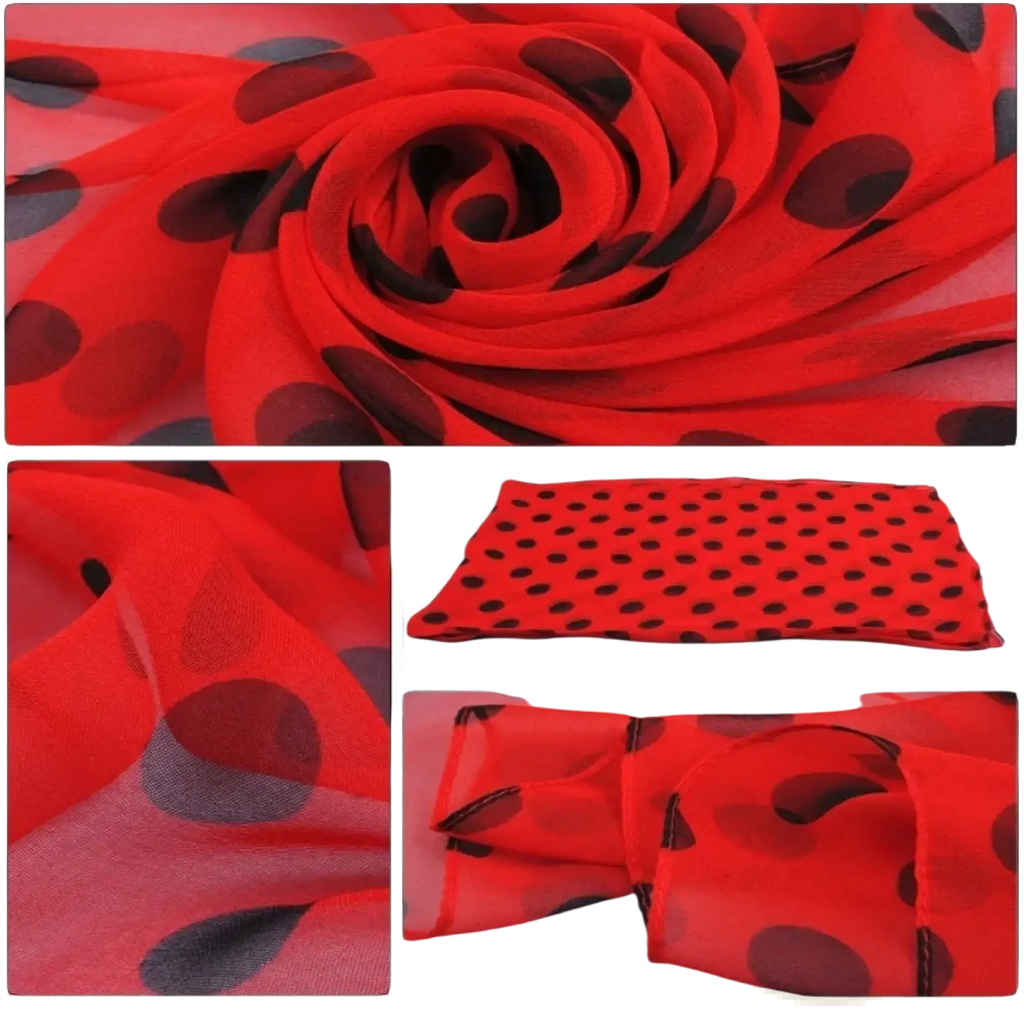 A vibrant red silk head wrap scarf featuring bold black polka dots in a sheer fabric design