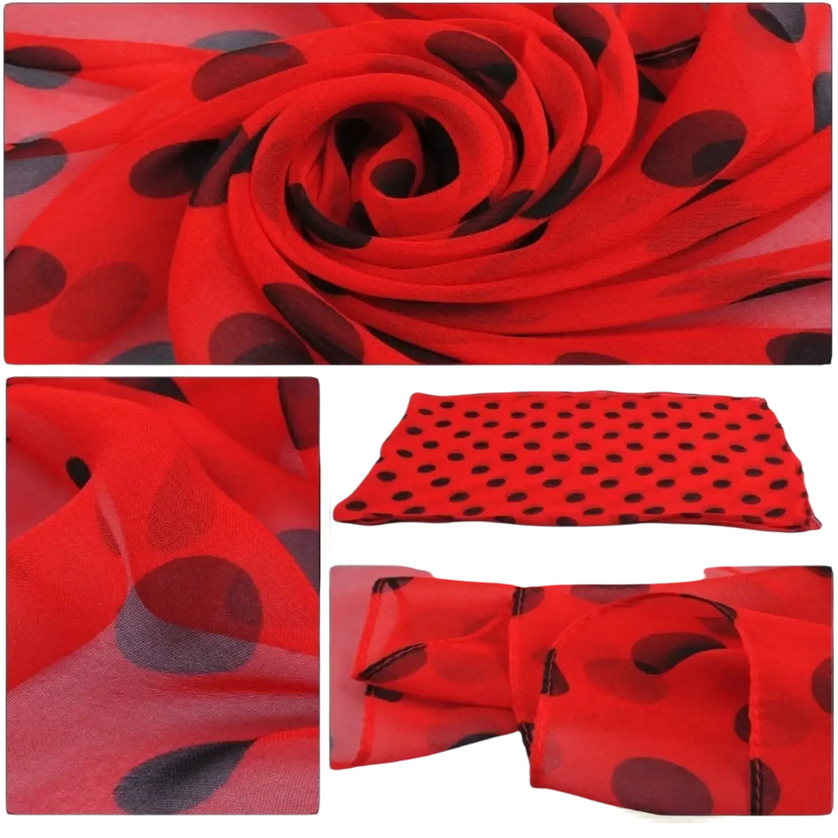 A vibrant red silk head wrap scarf featuring bold black polka dots in a sheer fabric design