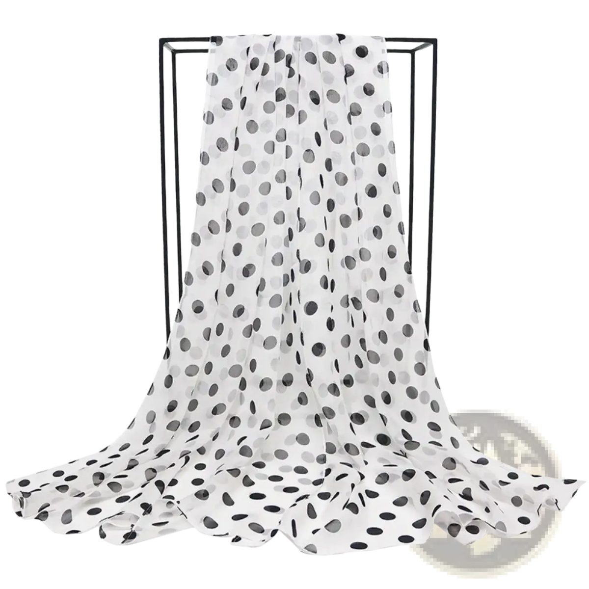 White sheer silk head wrap scarf with black and gray polka dots in a lightweight elegant design