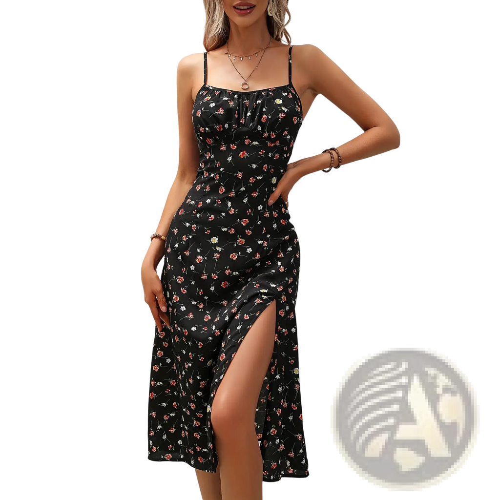 Black floral print polka dot midi dress with spaghetti straps and a side slit for elegant occasions