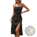 Black floral print polka dot midi dress with spaghetti straps and a side slit for elegant occasions