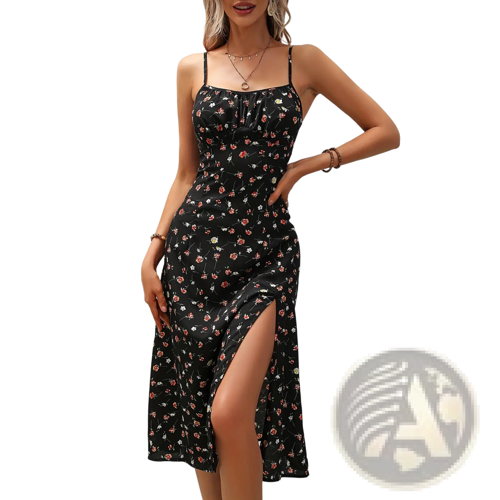 Black floral print polka dot midi dress with spaghetti straps and a side slit for elegant occasions