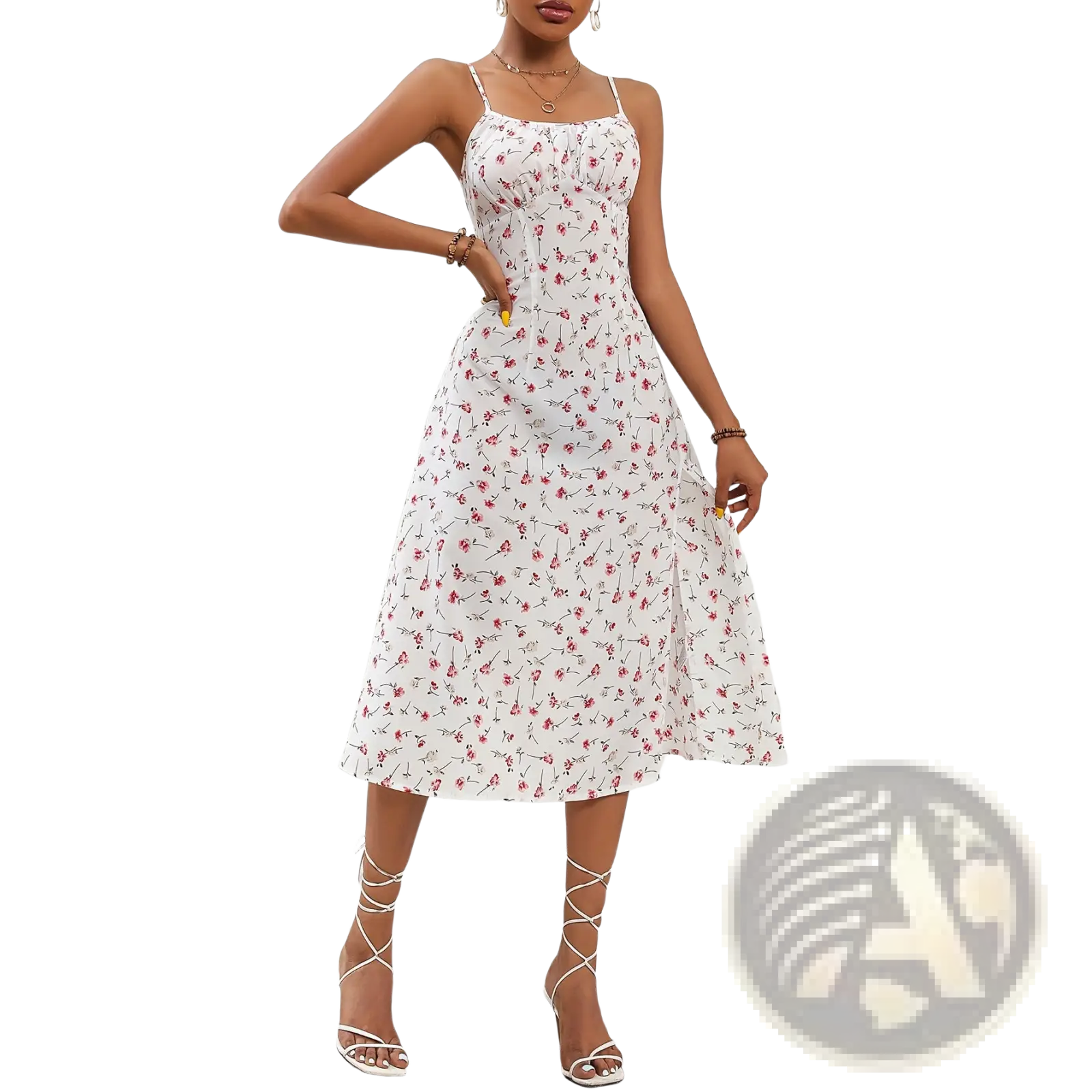 A white midi dress with delicate pink floral pattern and thin spaghetti straps from polka dot split midi dress collection