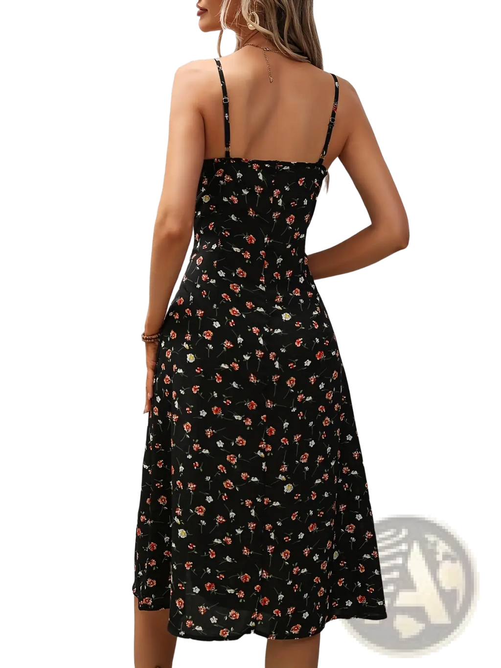 Black floral print midi dress with thin spaghetti straps and fitted bodice for elegant casual wear