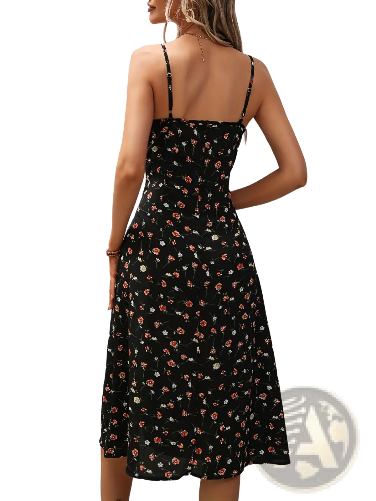 Black floral print midi dress with thin spaghetti straps and fitted bodice for elegant casual wear
