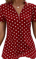 Red short sleeve blouse with white polka dots and front zipper featuring a v neck design