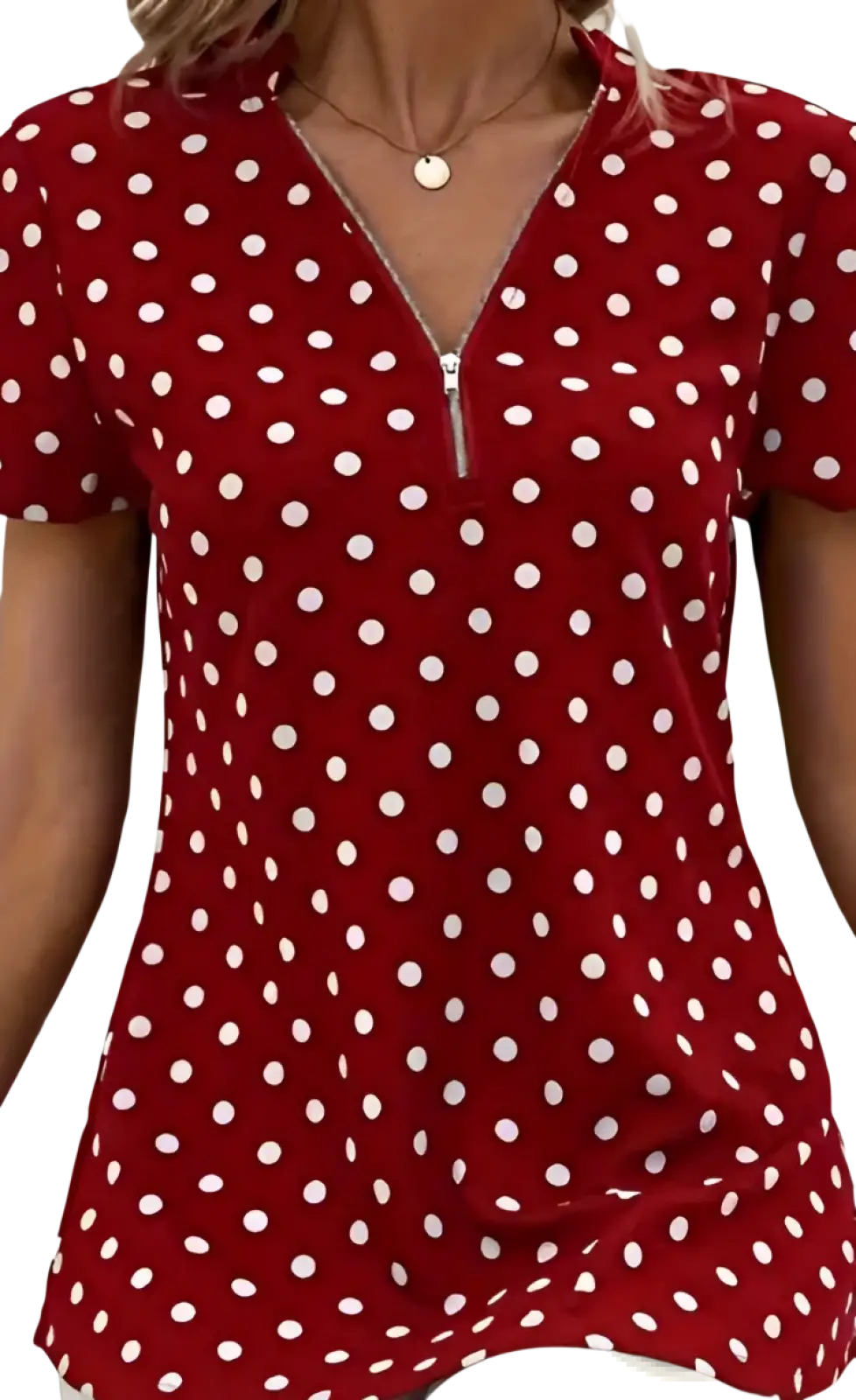 Red short sleeve blouse with white polka dots and front zipper featuring a v neck design
