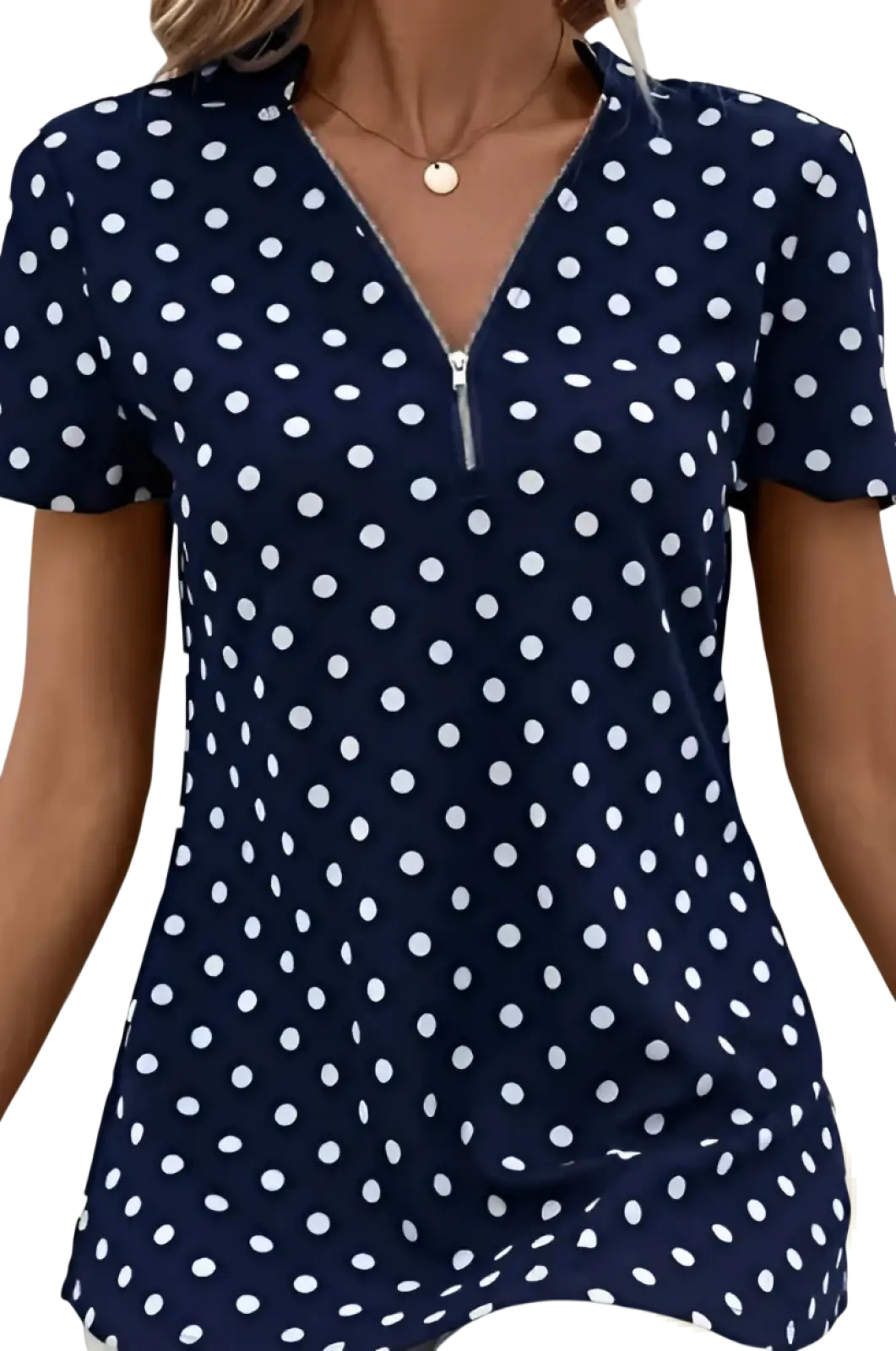 Navy blue short sleeve blouse with white polka dots and front zipper v neck for casual wear