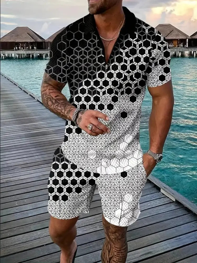 Men’s black and white geometric pattern short-sleeved polo shirt and matching shorts performance set