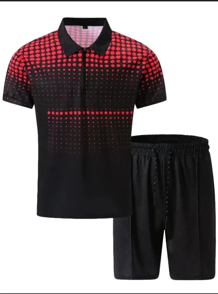 Men’s geometric pattern polo and shorts set featuring a black and red gradient dot-patterned short-sleeve polo with zipper front