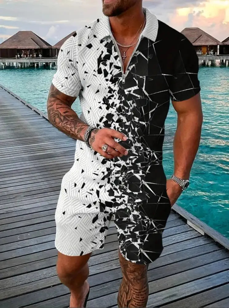 Men’s black and white geometric pattern polo and shorts performance set featuring a short-sleeved romper with front split
